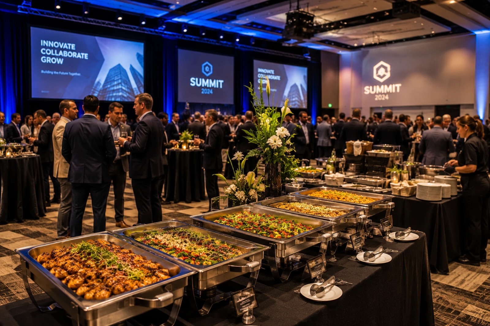Corporate buffet spread with Latin Fixin's catering staff serving guests