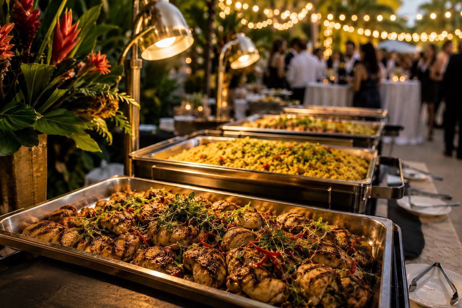 Latin Fixin's chafing-dish buffet set up for an outdoor evening event under string lights