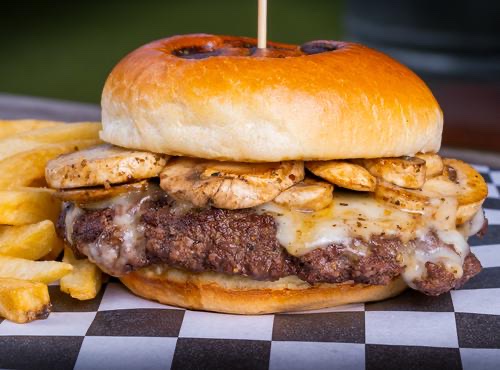 Mushroom Swiss Burger with sauteed mushrooms and melted Swiss